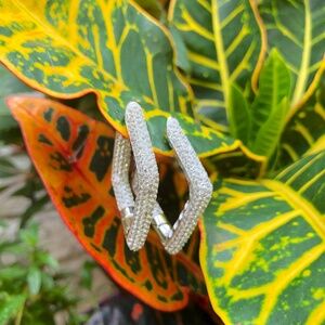 New! Sterling Silver White Sapphire Geometric Hoop Earrings